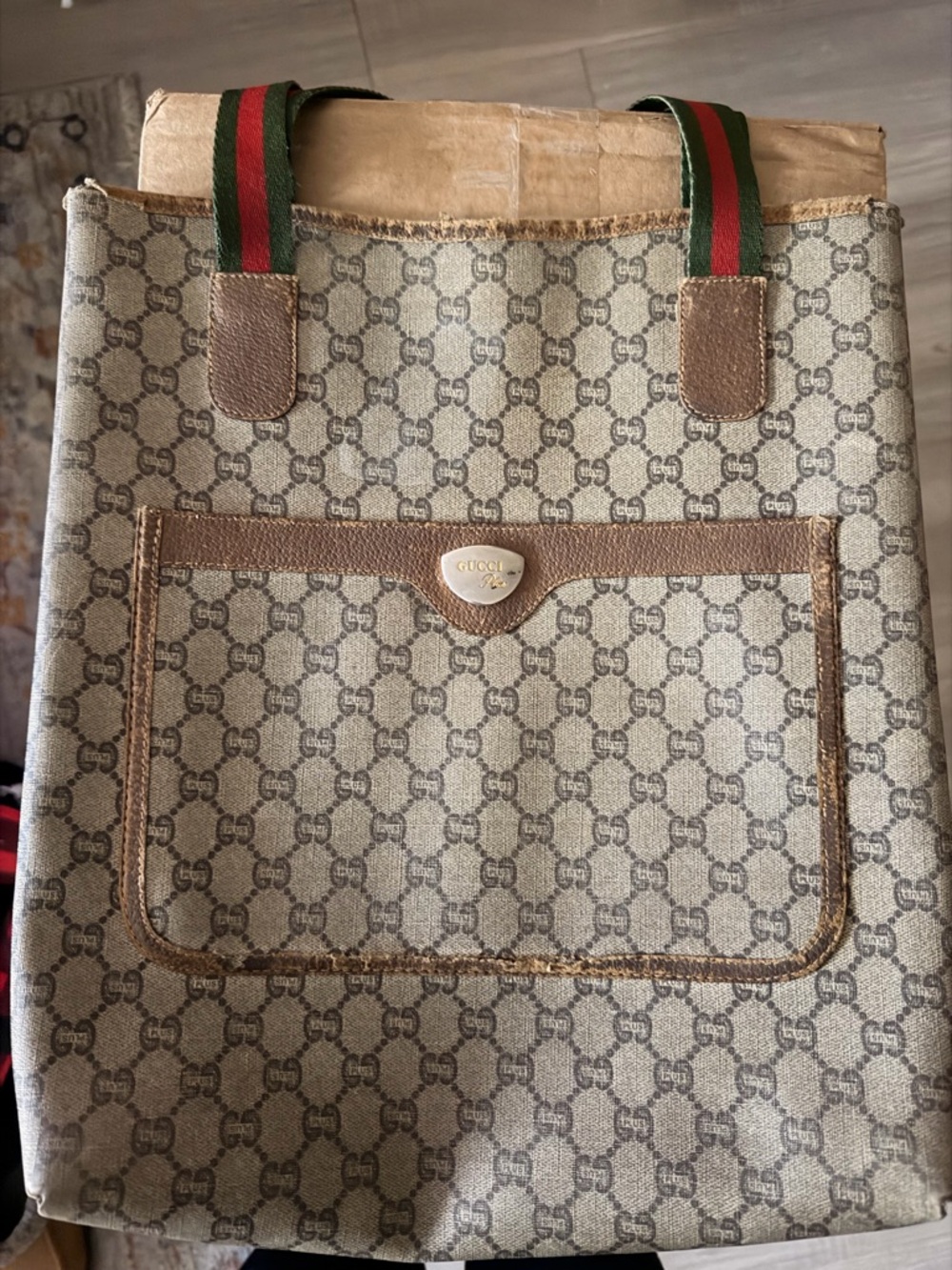 Gucci Beige GG Monogram Tote with Green-Red Web Handles
